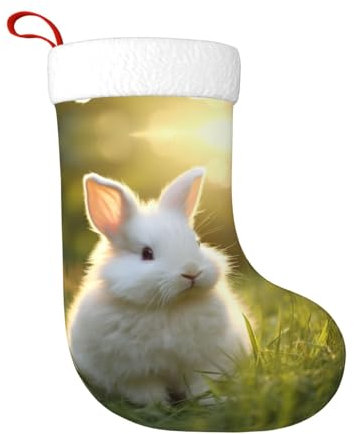 GFXEDSAH Süße weiße Kaninchen-Druck, klassische Weihnachtsstrümpfe, Polyester, Weihnachtsstrümpfe für Familien und Weihnachtsdekorationen, Schwarz , Einheitsgröße