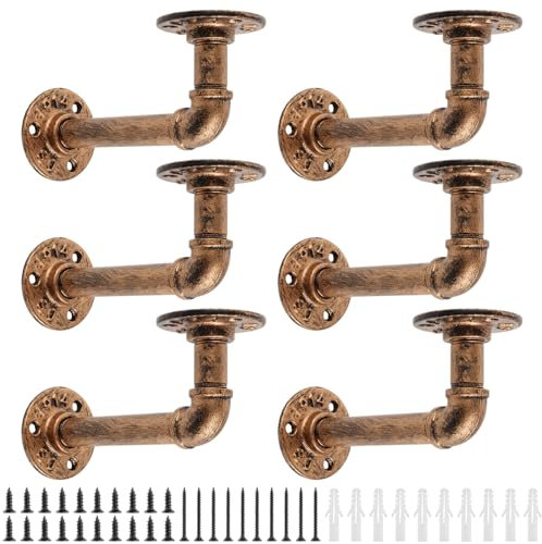 YAYODS 6 Stück Industrial Rohr Regal Klammern - 17x9,8x6,5 cm Regalhalterung Rot Bronze Metall - Retro Regalhalter, Rohr Regal Vintage, Industrielle Rohrhalterung - Rohr Regalhalterungen Halterungen
