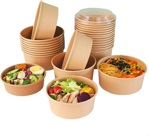 lepetitmitron 50 Bols Salade en Kraft avec Couvercle | 500 ml | Diamètre 14 cm | Hauteur 5 cm | Écologiques, Biodégradables et Idéaux pour Salades, Poke Bowls, Plats à Emporter
