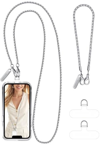 MOUTAKEY Metall-Handyketten-Set, abnehmbarer iPhone-Kettenriemen, passend für alle Handys, Crossbody-Telefonband, 1 Handy-Handgelenkschlaufe, 1 mit 2 Haltegurten, iPhone-Armband für Damen, Reisen