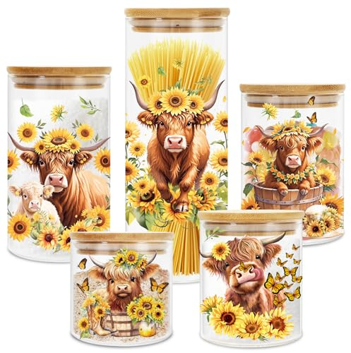 JarThenaAMCS 5 Pack Highland Cow Sunflower Glass Storage Jars with Airtight Lid Watercolor Cattle Floral Decorative Canisters Sets for Farmhouse Home Kitchen Countertop
