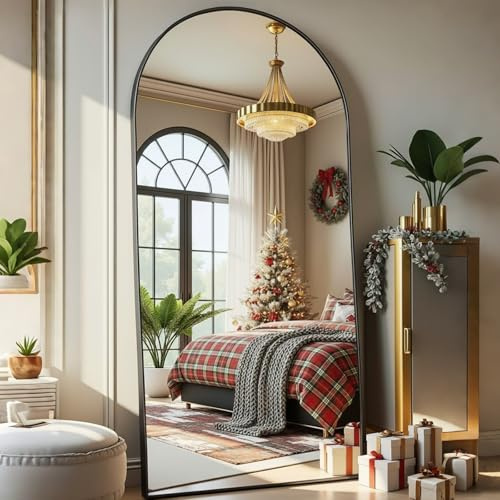Aplancee Bogenstandspiegel 180x80cm, Gewölbter Ganzkörperspiegel mit Schwarz Metallrahmen zum Anlehnen oder hängened an die Wand，großer Fußboden Spiegel für Ankleidezimmer, Wohnzimmer und Schlafzimmer