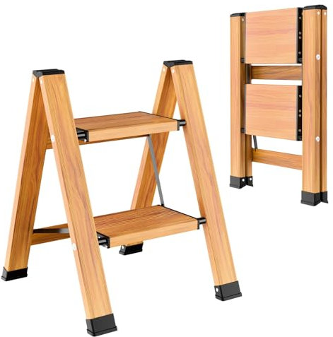 OTOmitra Scaletta pieghevole a 2 gradini, in alluminio, antiscivolo, scala multifunzione portatile, con venature del legno, portata fino a 150 kg, per cucina, bagno e campeggio