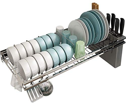 SaryEdge An der Wand montierte Küchenspüle aus 304 Edelstahl über dem Geschirrkorb, Abtropfgestell mit Messer- und Essstäbchenhalter, 2 Größen(Länge 63cm