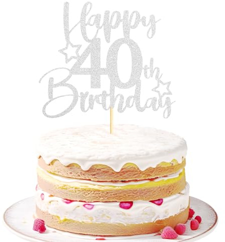 Sotpot 40th Birthday Cake Topper Double‑sided Silver Glitter with Star Pattern 1 pack for 40th Birthday Party Decor Supplies