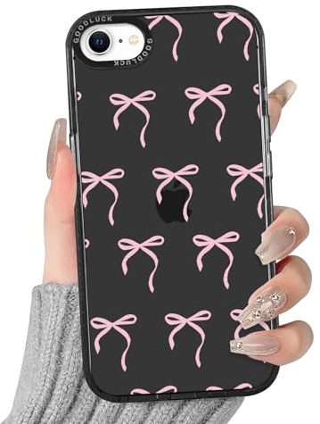 Yirlbey Transparent Mobiltelefonskal för iPhone 8/7 / SE 2020 / SE 2022, Ästetisk Rosa Sladdmönster Färgglatt Design Flickpresent Skyddsskal, Silikon PC-fodral för iPhone SE 4,7, Svart