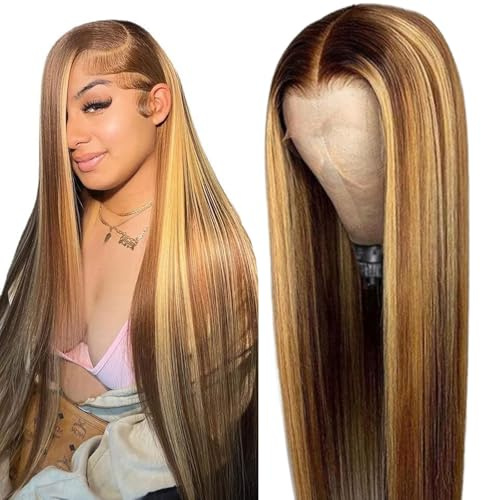 Cypha Ombre Lace Front Wig Human Hair 28inch 13x6 Straight Highlight Wig Human Hair 180% Density 4/27 Colored Honey Blonde HD Lace Frontal Wigs For Women Glueless Pre Plucked with Baby Hair