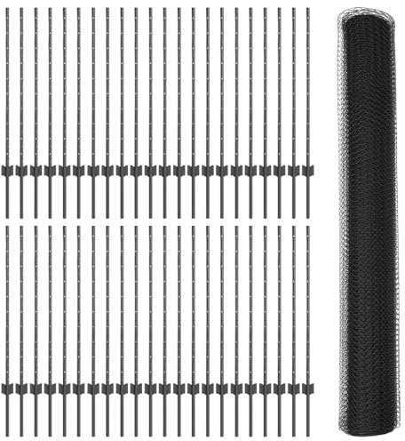 vidaXL Grauer PVC-beschichteter Stahlgartenzaun Set | UV-beständiger Outdoor-Zaun mit 1 Rolle und 22 Pfosten. Langlebiges, sechseckiges Design für deine Grundstücksgrenze oder Terrasseneinfassung.