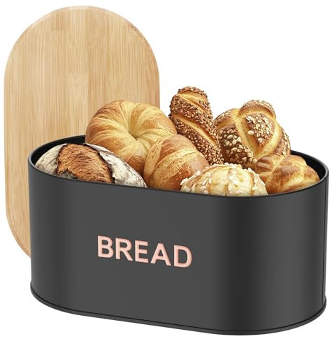 Gatphy Boîte à pain en métal - Avec couvercle en bambou - Pour la cuisine à la maison - Noire