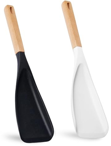 2 PCS Multi Silicone Spatulas for Cooking, 2-in-1 Long Wood Handle Matte Silicon Scoop Salad Spoons, Cooking Spoon, for Scooping, Scraping and Mixing