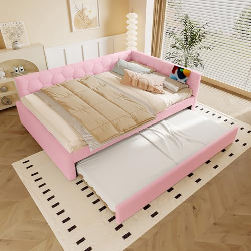 Daybett 140*200cm Tagesbett, Schlafsofa, Bett mit Lattenrost, mit LED-Lichtleiste und USB-Anschluss, mit multifunktionalem Ausziehbett, Komfortmaterial, Vliesimitat (Rosa mit Ausziehbett, 140x200CM)