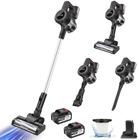 3 en 1 Aspirateur Balai sans Fil, 65 Minutes Autonomie Aspirateur sans Fil Puissant 15kPa, Aspirateur 2 Vitesses, Aspirateur Vertical Filtre HEPA pour Les Poils d'animaux/Tapis/Sols Durs, 2 Batteries