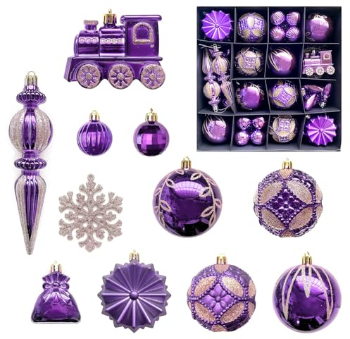 MORAINJAY 60er Set Weihnachtskugeln Lila, Kunststoff Weihnachtsbaumkugeln, Ø 4 cm und 8 cm, Hängende Kugeln, Christbaumkugeln, Christbaum Anhänger, Festliche Deko für Zuhause