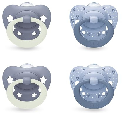 NUK First Choice Classic Chupete para bebé | 0-6 meses | Chupetes ortodónticos | 95% de aceptación por parte de los bebés** | Azul | 4 unidades