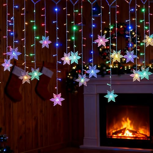 MAINOSHY Christmas Window Lights Indoor, 96LED 4M Snowflake String Lights Curtain Fairy Light with 8 Flashing Modes Xmas Decoration for Indoor Party Wedding Bedroom (Multicolor)