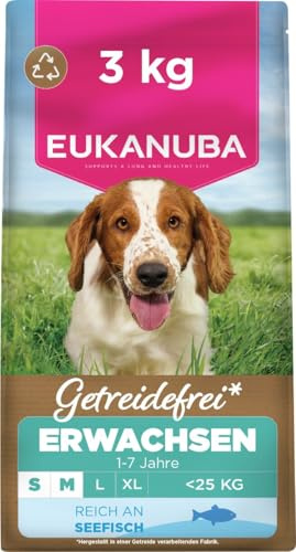 Eukanuba Hundefutter getreidefrei mit Fisch für kleine und mittelgroße Rassen, Premium Trockenfutter ohne Getreide für ausgewachsene Hunde, 3 kg
