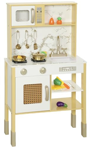 AIYAPLAY Cocina de Juguete de Madera con Sonido, Cocinita Infantil con Accesorios de Acero Inoxidable, Microondas, Horno, Fregadero, Verduras para Cortar, para Niños a Partir de 3 Años, Dorado
