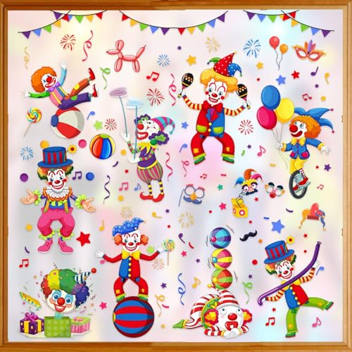 9 Blatt Fensterbilder Karneval, Statisch Haftende Fasching Fensteraufkleber Clown Fensterbilder Selbstklebend Wiederverwendbar Fensterdeko Karneval, Fasching, Zirkus Deko