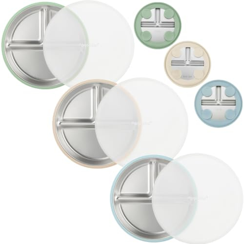PandaEar 3er Set Edelstahl Baby Saugteller mit Deckel, Geteilter Kinderteller mit Saugnapf, Rutschfester Baby Teller für Beikost & Baby Led Weaning, Spülmaschinengeeignet, Blau Grün Braun