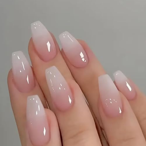 Viugex 24Pcs Press on Nails Medium Coffin, Ombre Pink French Tip False Nails, Glossy Acrylic Fake Nails Set, Natural Removable Reusable Full Cover Gel Stick on Nail for Women & Girls Manicure Art