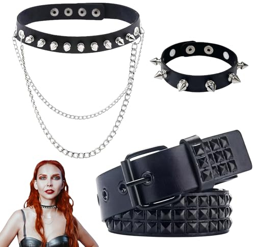 Hocklliy 3 Pcs Studded Belt Bracelet and Goth Choker Necklace, PU Leather Adjustable Black Rivet Belt with Studded Design for Men Women Fancy Dress
