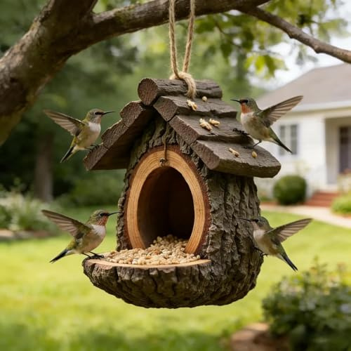 Vintage Treehouse Shape Bird Feeder, Outdoors Hanging Wild Birdfeeder Open Design, Hummingbird Squirrel Viewing Feeding Birdhouse for Window Outside Balcony Garden Fence (Khaki)