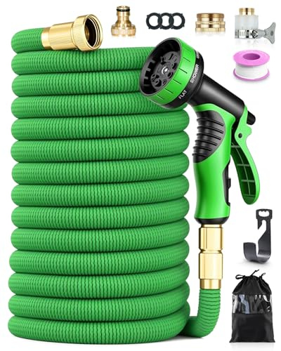 150FT Expandable Garden Hose Pipe, 45M Expanding Leakproof Hose with 10 Pattern Spray Gun, 4-Layer Latex Core, 1/2'' & 3/4'' Metal Fittings, Flexible for Gardening, Car Wash & Pet Cleaning, Green