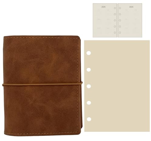 Dolltobe Cuaderno de viaje M5 en piel de oveja moca, cubierta de carpeta de 6 anillas con inserto de calendario 2025 y 50 hojas de papel crema, planificador compacto para viajes y escritura diaria