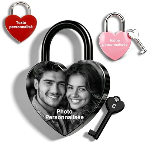 Personnalisé Cadenas d'Amour Cœur avec Photo Gravure Texte et Clé | Serrure Symbolique Pont des Amours, Cadeau Romantique Pour Couple, Mariage, Anniversaire & Saint-Valentin Lui et Elle