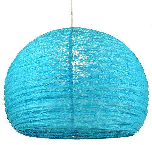 Halbrunder Lokta Papierlampenschirm, Boho Hängelampe, Ø 40 cm türkis | Traditionell handgefertigt aus Loktapflanzenfaser, Ø 40 cm, faltbar, einzigartiges Blüten-Motiv, ideal für Wohnräume