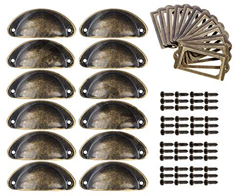 24 x Vintage Muschelgriffe Antik Eisen Griffe Etiketten Karten Rahmen Bücherregale Schublade Schrank Küche Mobel Möbelknöpfe Set 8.2cmx3.5cm Bronze(Schrauber inklusive) (griff)
