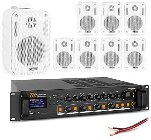 Power Dynamics 4-Zone Wall Mounted Speaker System Bluetooth PA Kit with 8x 3-Inch White IPX5 Weatherproof Speakers, 120W Mixer Amplifier & Installation Cable for Home, Garden & Commercial Audio Use