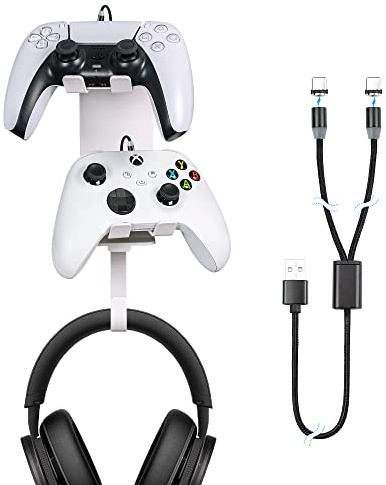 WABRACKET 4 in 1 Controller and Headphone Wall Mount Holder Bundle, Universal Wall Mount for PS5/Xbox Series S &X/Switch Pro Game Controller, Stand Bracket Hanger, with a 2 in 1 Type C Charging Cable