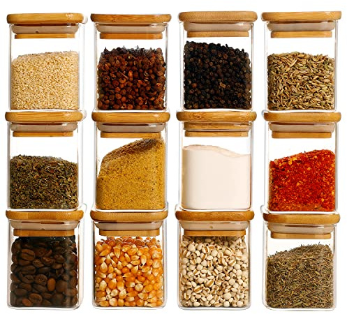 Glass Spice Jars with Bamboo Lids - 20 Pcs Thicken(2.4mm) 4oz Airtight Seasoning Containers with 131 Waterproof Minimalist Spice labels Preprinted - Small herb Jars for Pantry Organization and Storage