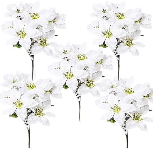 lulalula 5 arbustos artificiales de Poinsettia de seda de Poinsettia artificial de Navidad, flor de Poinsettia blanca, ramo de flores de Navidad de seda para florero, decoración del hogar