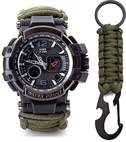 WLDOCA 50M wasserdichte Taktische Paracord-Uhr Multifunktions-Überlebensuhr für den Außenbereich mit Karabiner-Kompass-Thermometer für Männer und Frauen
