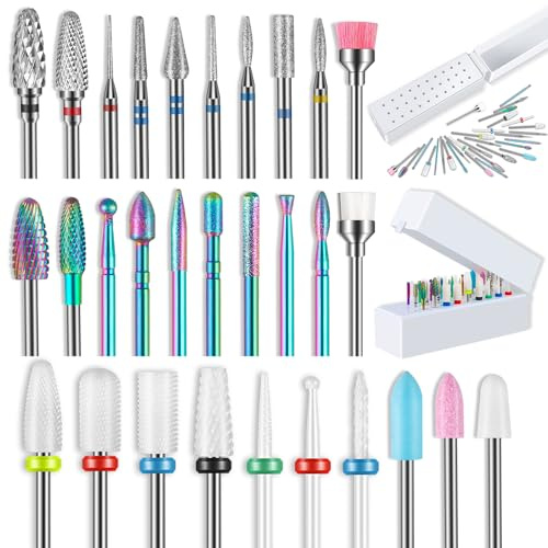 30pcs Nagelfräser Aufsätze Karbid Diamant Nagelbohrer-Set mit 30Loch-Halter | 3/32'' Professionell für Maniküre Pediküre, Gel Acrylnägel, Lässt sich leicht mit Nagelhaut machen, Sicherheit für Anfänger