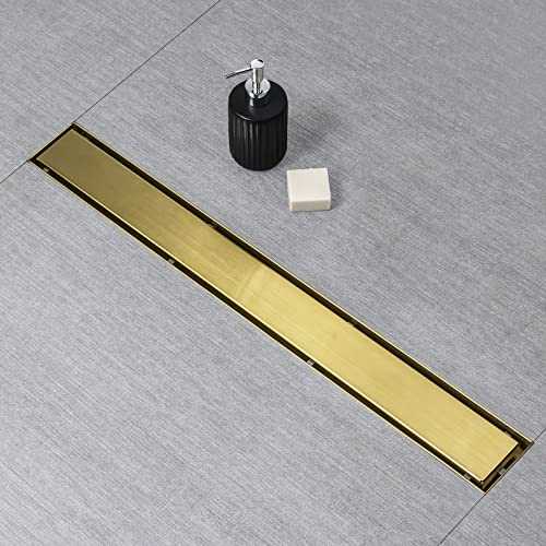 SaniteModar Linear Shower Drain, Gold Shower Drain 24 inch with 2 in 1 Tile Insert and Flat Panel, AISI 304 Stainless Steel Gold Linear Shower Floor Drain with Hair Strainer and Leveling Feet