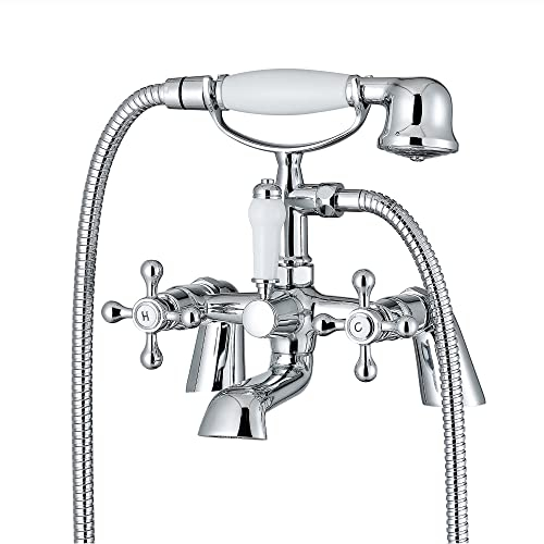 ENKI, Beaumont, BBT0257, Chrome, Bath Shower Mixer Taps & Shower Attachment, Solid Brass, Cross Handle, Traditional Design, Compression Valves, Easy to Install