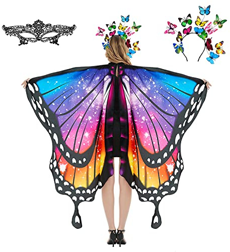 plainshe Schmetterlingsflügel, Feenflügel für Erwachsene, Schmetterlingskostüm lila, Halloween Kostüme für Frauen, 3PCS Schmetterlingsumhang Set