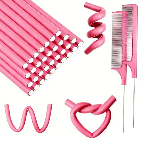 BIEAEIA 60 Pieces Flexible Curling Rods, 9.45 x 0.31 inches Foam Hair Rollers for Long Hair Short Hair Women Girls, No Heat Hair Curlers with Steel Pintail Rat Tail Comb, Pink