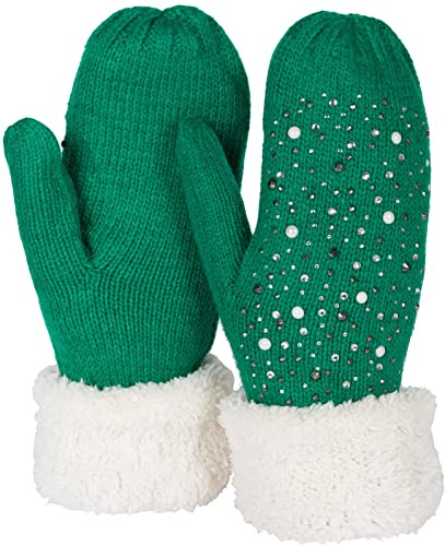 styleBREAKER Damen Strick Fäustlinge Strass Perlen | Wärmendes Thermo-Fleece-Innenfutter, elastische Passform für 16-21 cm Handumfang (Größe 6-8), ohne störende Nähte.