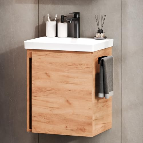Planetmöbel Lavabo con Mueble 50 cm con Grifo Negro, Juego de Muebles de baño, suspendido, Roble Dorado