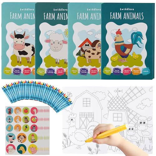 THE TWIDDLERS Set di 12 Mini Libri da Colorare Tema Fattoria (Formato A5) con 48 Pennarelli e Adesivi - Regalini di Fine Festa per Bambini 4-8 Anni