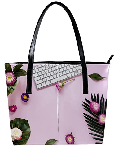 Schultertasche, leicht, lässig, Schultasche, Lehrertasche, Handtasche, Geldbörse, bunte Blumen, Tastatur, rosa Hintergrund, Mehrfarbig