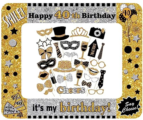 Atrezzo Para Fotos de 40 Cumpleaños,31 Piezas Para Fotomatón, Kit de Cumpleaños, Artilugios Para Cumpleaños de Adultos, Accesorios Para Fiestas de Cumpleaños con 1 Marco Hinchable Para Selfie