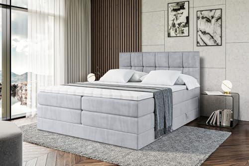 ALTDECOR Boxbett mit H3 H4 Matratze RICAR King - 180x200 - Grau | Lattenrost, Topper, Boxspringbett mit Bettkasten, Bett mit Stauraum, Doppelbett, Polsterbett