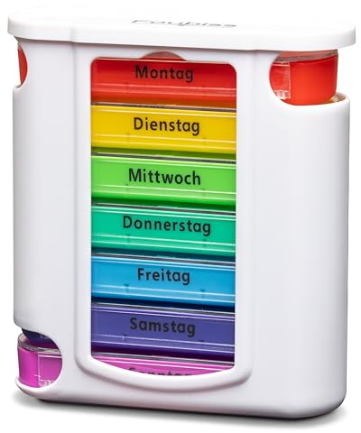 Foubiss Tablettenbox 7 Tage – BPA-frei – 4 Fächer täglich – Pillendose für unterwegs – Medikamentenbox für morgens, mittags, abends, nachts – seniorenfreundlich