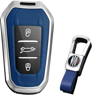 KUNIO Keyless Autoschlüssel Hülle Passt für Peugeot 3008 5008 2008 308 508 208 Passt für Citroen C3 C4 DS5 DS7 Schutzhülle Metall Schlüsseletui Schlüsselanhänger B Silber Blau