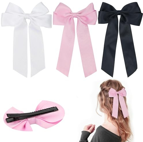 Mbsomnus 3 Stück Schleife Haare Haarschleife Damen Schleifen Haarklammer Großer Haarschleifen mit Abteilklammern Haarspange Schleife Hair Bow Metallklammern für Geschenk - Schwarz Weiß Rosa